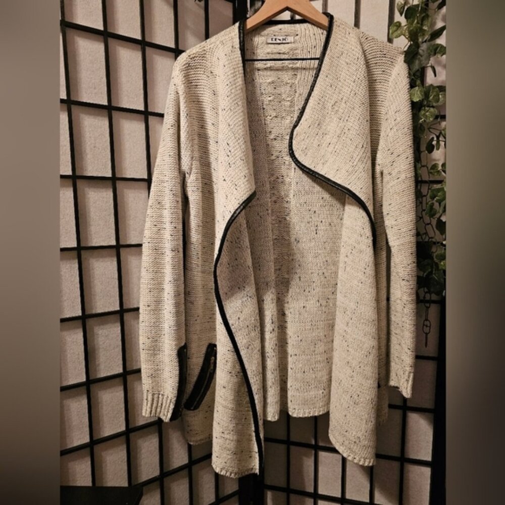RENJO Open Cardigan with Faux Leather Zippers and Accents Size Large